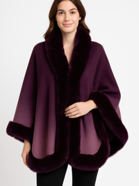Ombre Faux Fur Trim Cape Wrap in purple with a soft faux fur trim, perfect for stylish layering.
