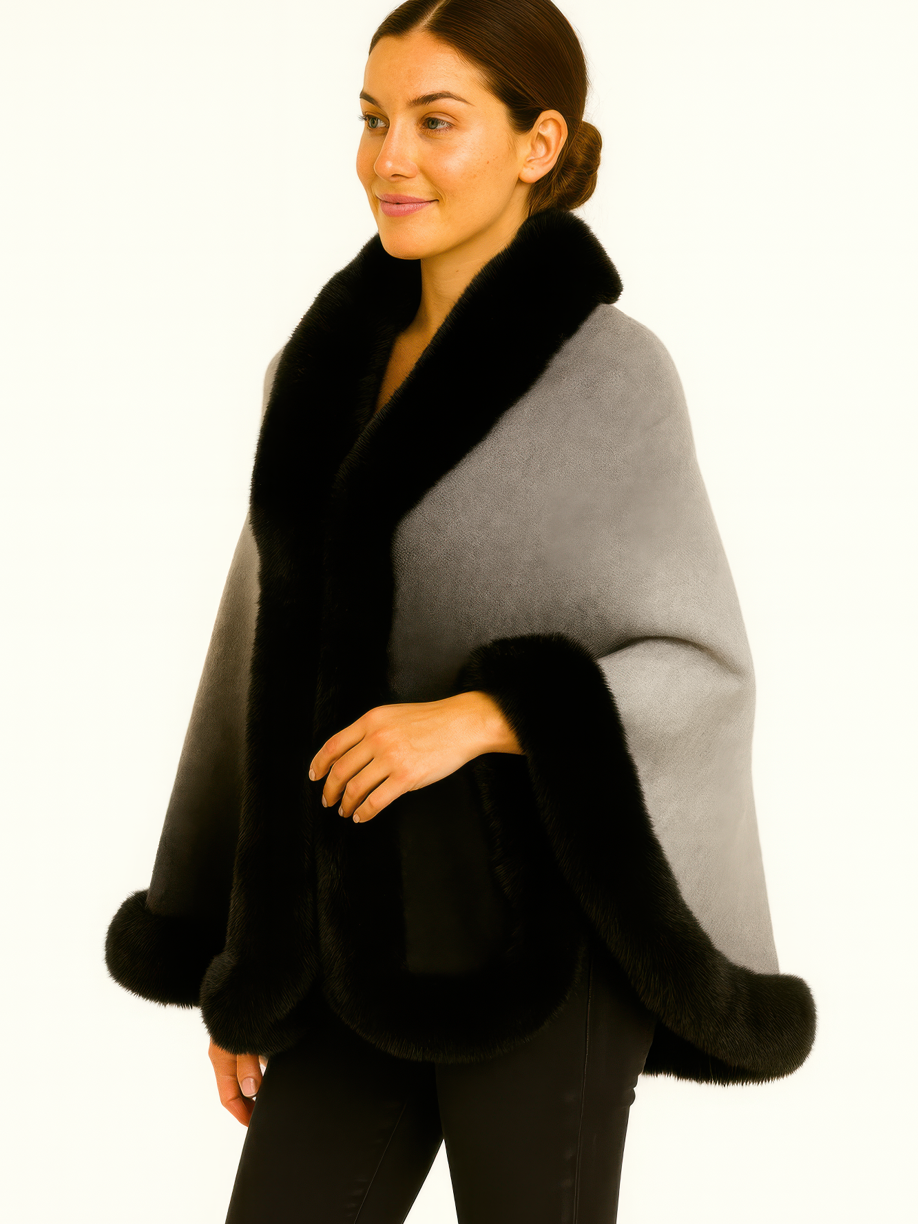 Ombre Faux Fur Trim Cape Wrap showcasing soft ombré grey with plush black fur trim, perfect for elegant layering.