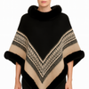 Chevron Trim Poncho With Faux Fur Collar