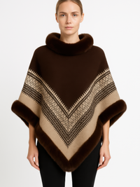 Chevron Trim Poncho With Faux Fur Collar in rich brown and camel tones, featuring a stylish chevron pattern.