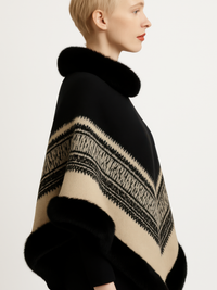 Chevron Trim Poncho With Faux Fur Collar side view showcasing elegant design and warm chevron pattern.