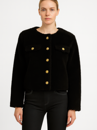 Faux Shearling Button-Front Cropped Jacket in black displayed on a model, featuring gold buttons and front pockets.