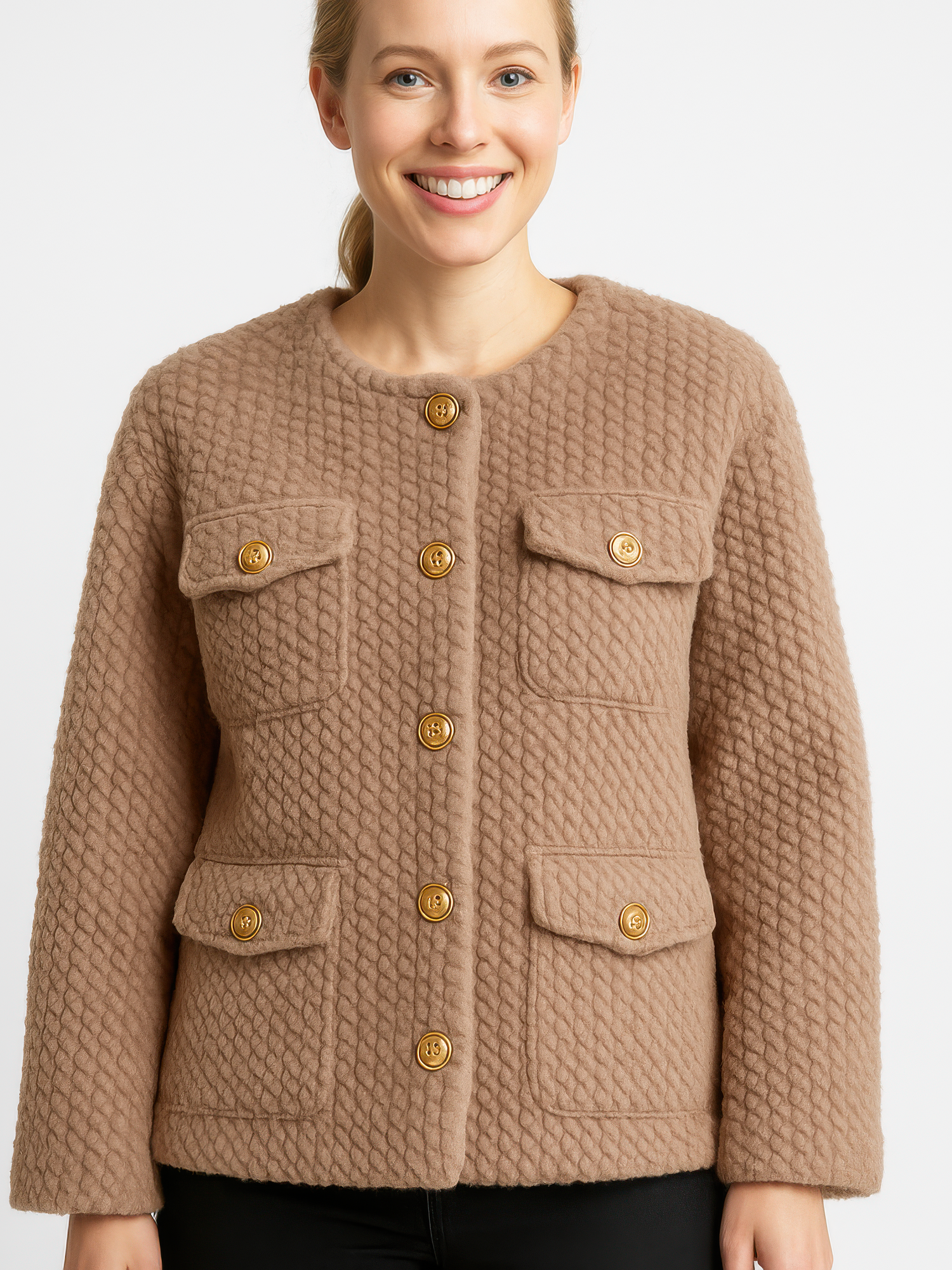 Textured Woven Button-Front Jacket in warm neutral tone with quilted texture and golden buttons.