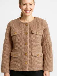 Textured Woven Button-Front Jacket in warm neutral tone with quilted texture and golden buttons.