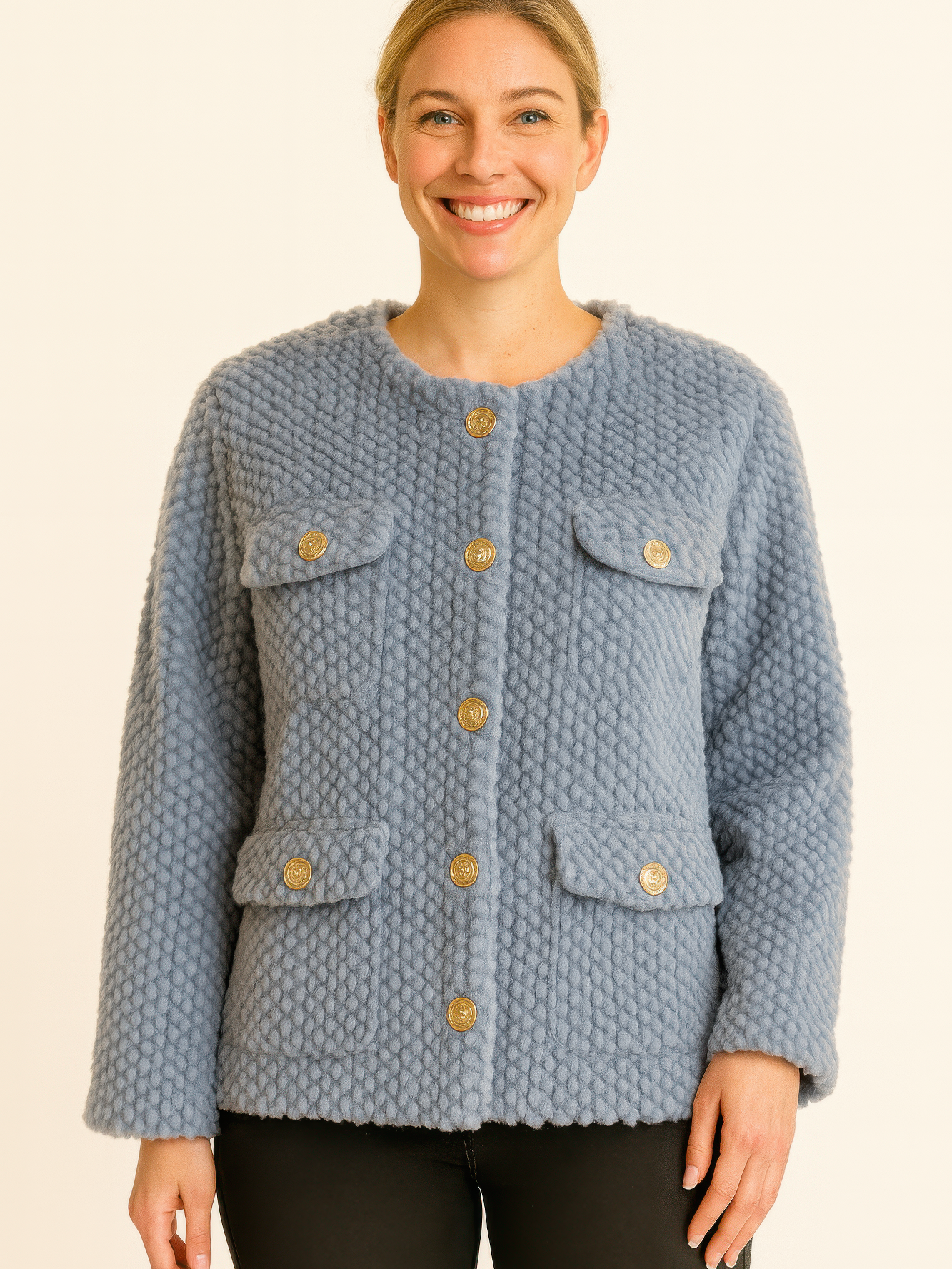 Textured Woven Button-Front Jacket in soft blue with button closures and front pockets.