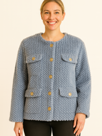 Textured Woven Button-Front Jacket in soft blue with button closures and front pockets.