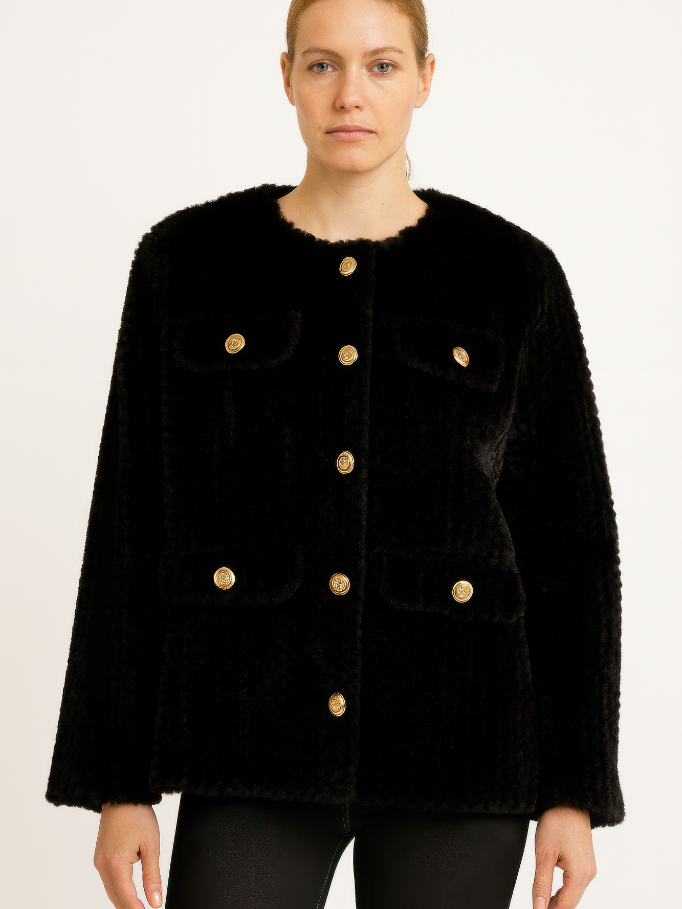 Textured Woven Button-Front Jacket in black with gold buttons and front pockets, perfect for a polished look.