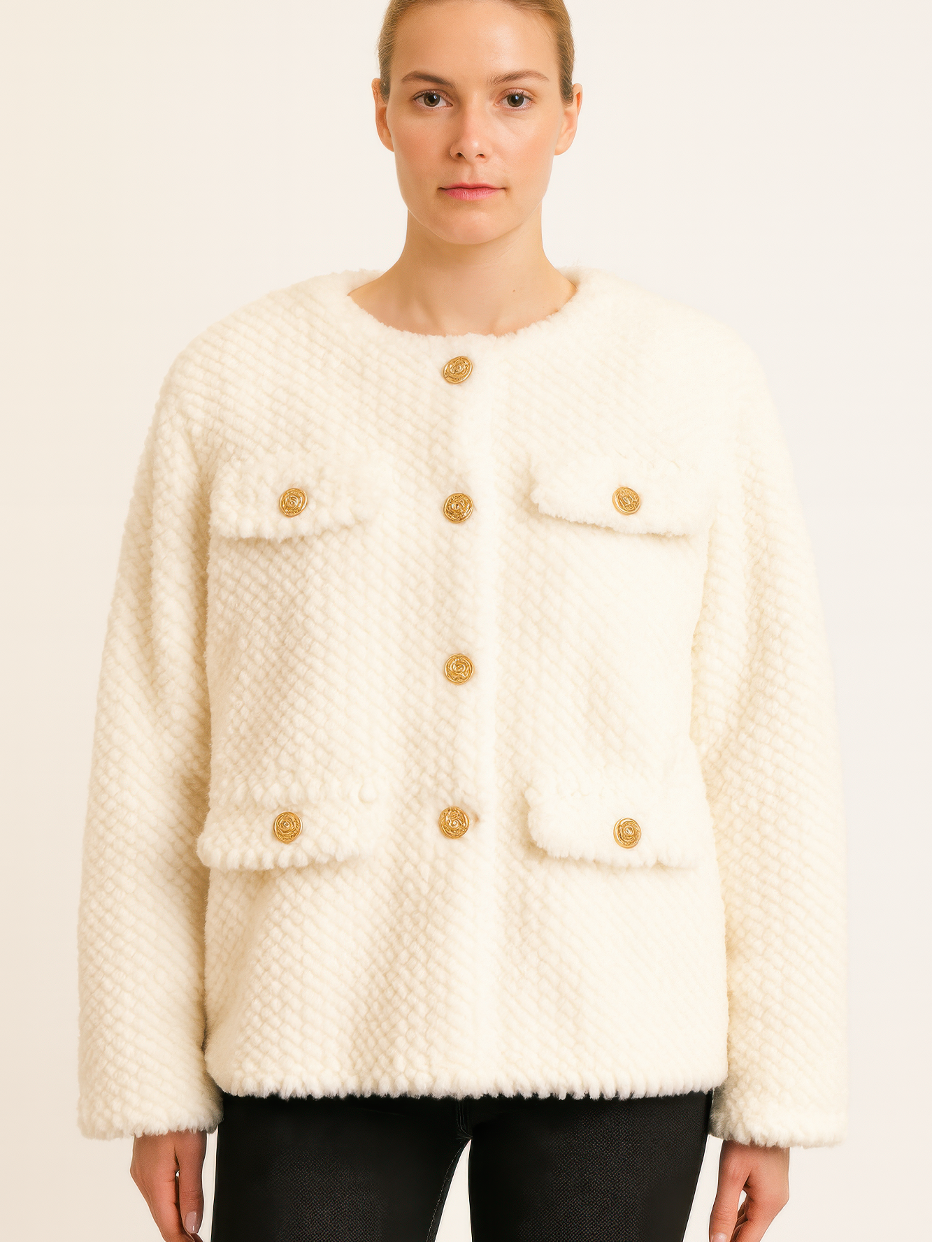 Textured Woven Button-Front Jacket featuring a cozy quilted design and button closures.