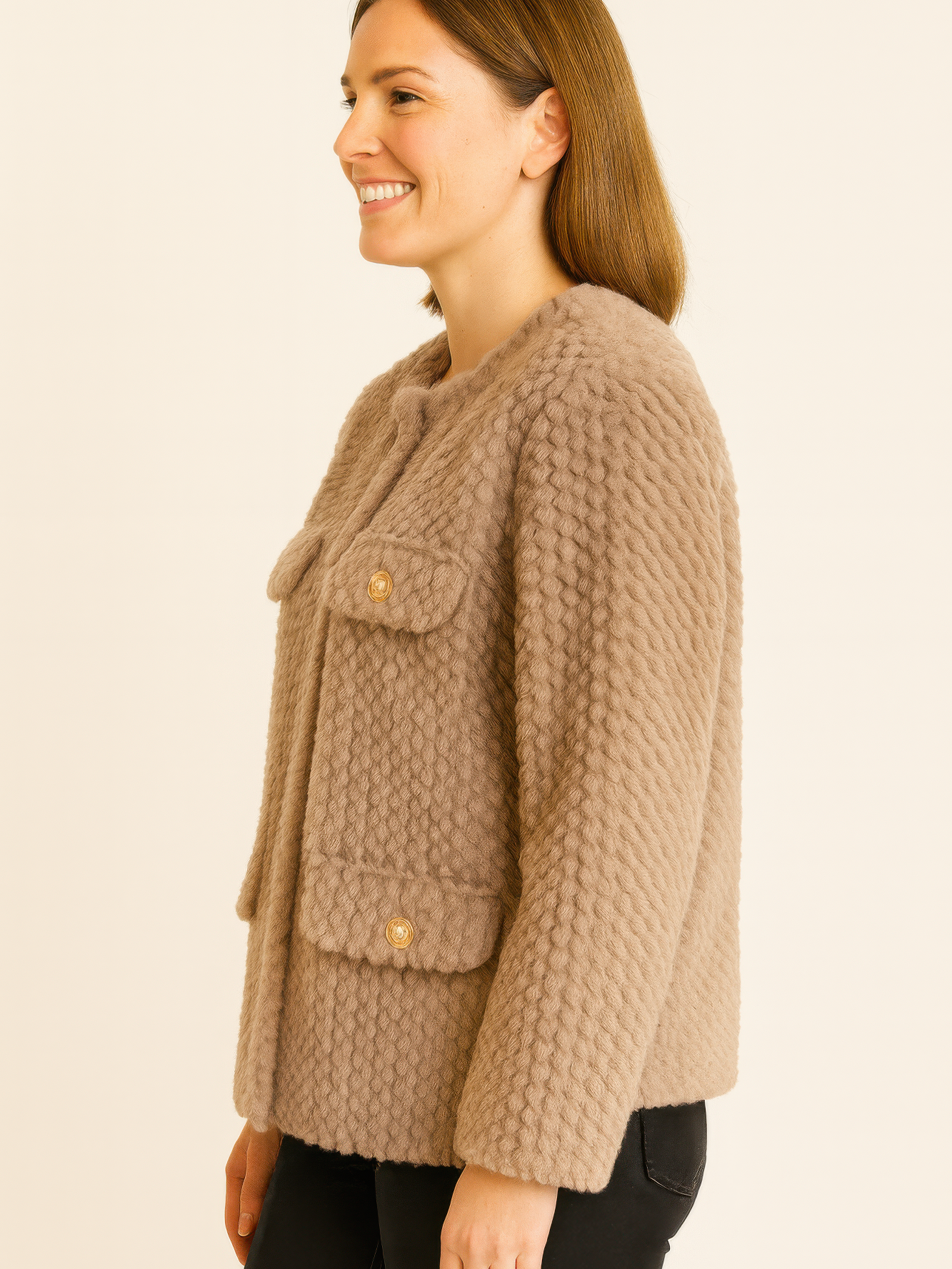 Textured Woven Button-Front Jacket in soft quilted fabric and neutral tone, featuring button details and side pockets.