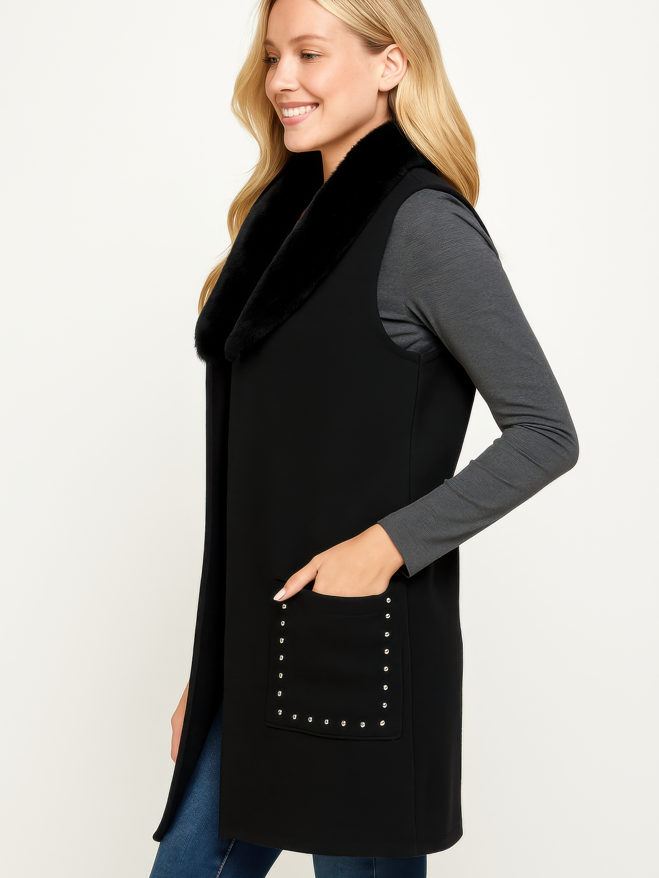 Sleeveless Wool-Blend Vest With Faux Fur Collar, stylish black outerwear with studs and soft collar.