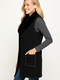 Sleeveless Wool-Blend Vest With Faux Fur Collar, stylish black outerwear with studs and soft collar.