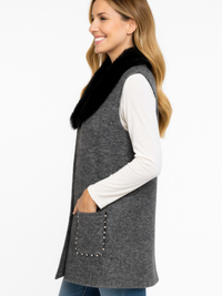 Sleeveless Wool-Blend Vest With Faux Fur Collar on model with pockets and heathered grey fabric, stylish outerwear.