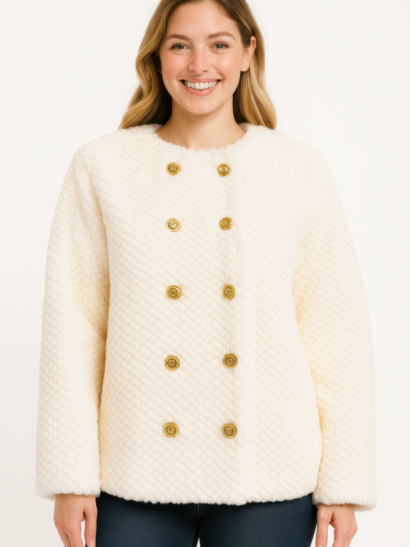 Textured Double-Breasted Faux Shearling Jacket with plush ivory fabric and gold buttons.