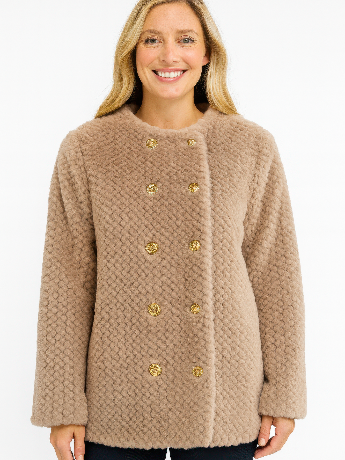 Textured Double-Breasted Faux Shearling Jacket in rich ivory with plush texture and gold buttons.