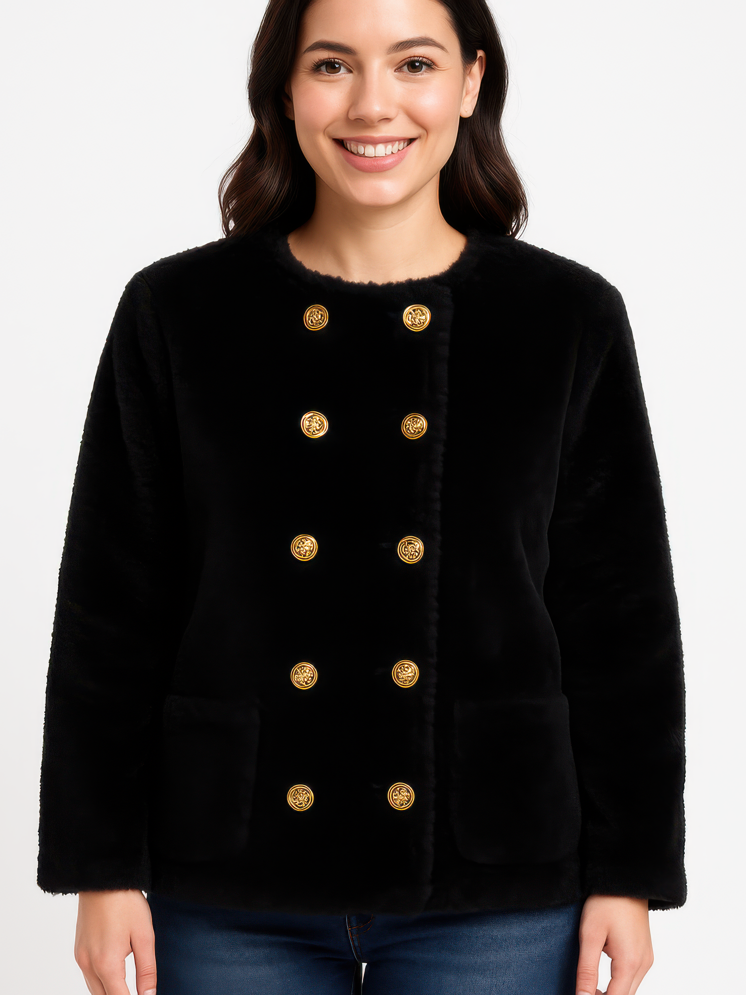 Textured Double-Breasted Faux Shearling Jacket worn by a smiling woman, featuring gold buttons and side pockets.