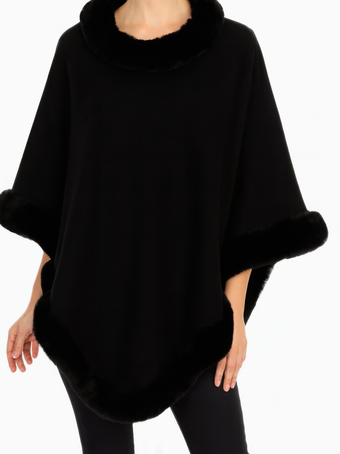 Classic Black Poncho With Faux Fur Trim displayed on a model, showcasing its stylish design and elegant trim.