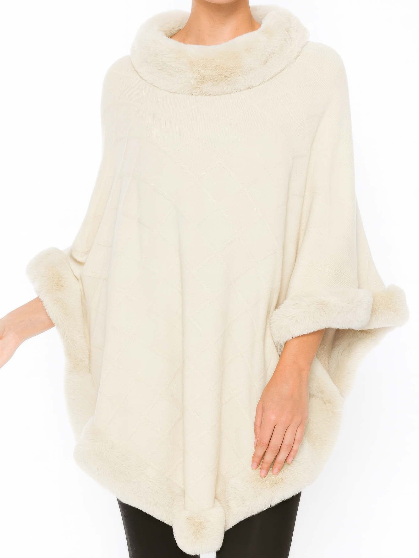 Classic Black Poncho With Faux Fur Trim worn by a model, showcasing its elegant design and soft fabric.