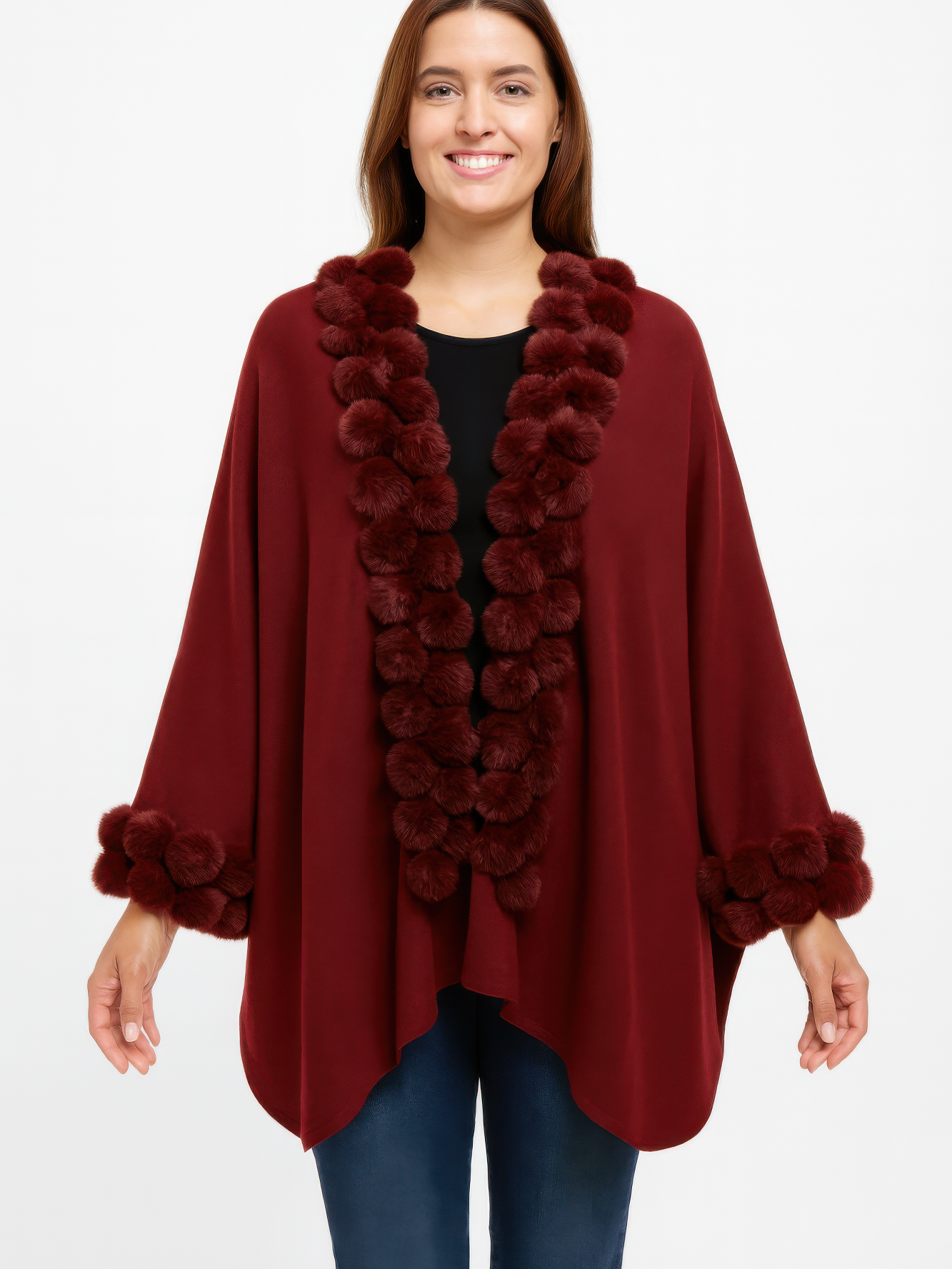 Open-Front Cape With Pom Faux Fur Trim in burgundy with plush pom trim, perfect for stylish fall layering.
