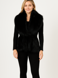 Black faux fur sleeveless vest with cinched waist, open front
