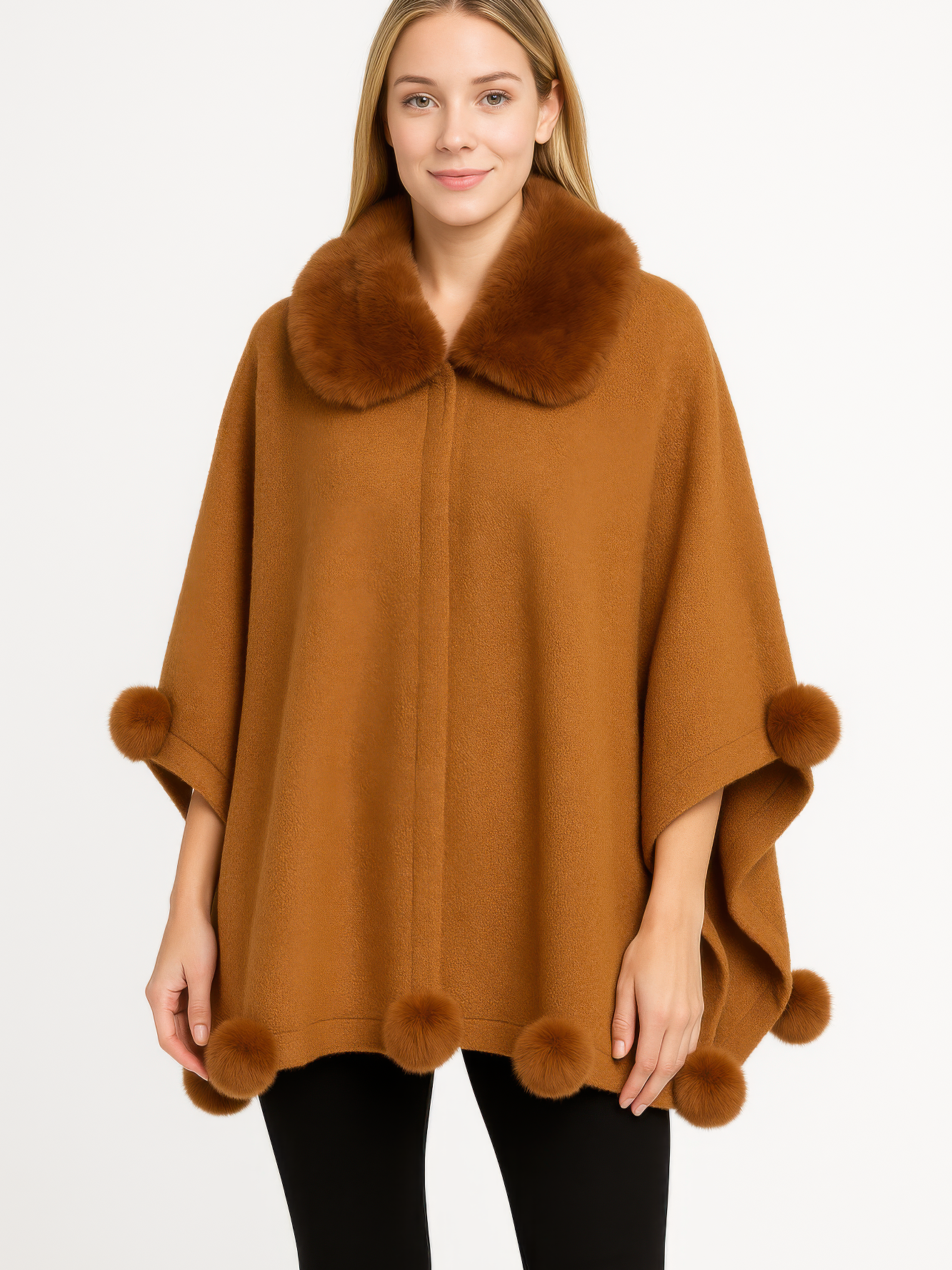 Trim Cape With Faux Fur Collar in brown with pom trim, perfect for adding warmth and style.