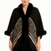 Black Geometric Border Faux Fur Trim Cape