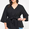 Plus Size Black Wrap Tie-waist Jacket