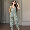 V Neck Sleeveless Paisley Jumpsuit With Tie Waist