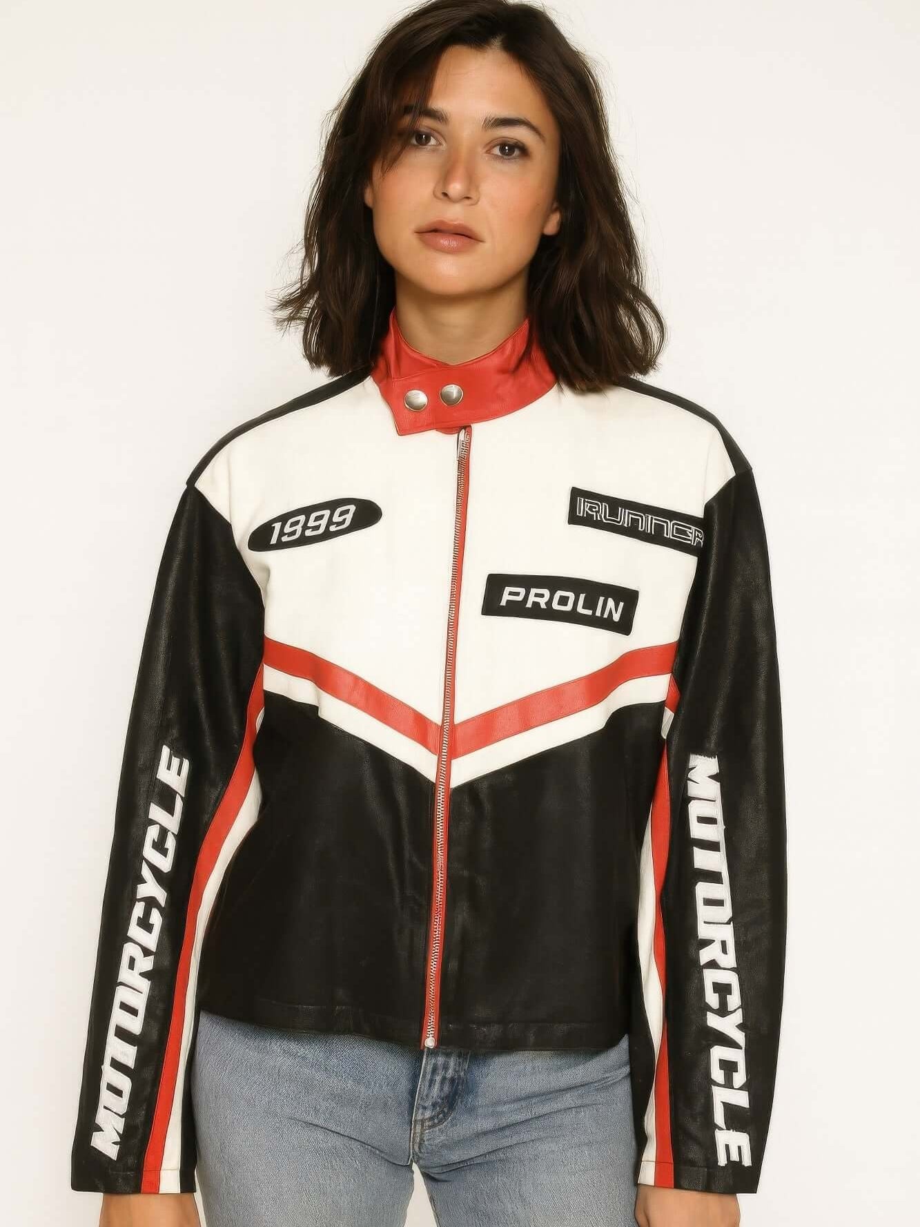 Model wearing a 1988 Vintage Motor Jacket with a sleek design and bold colors, showcasing biker style.