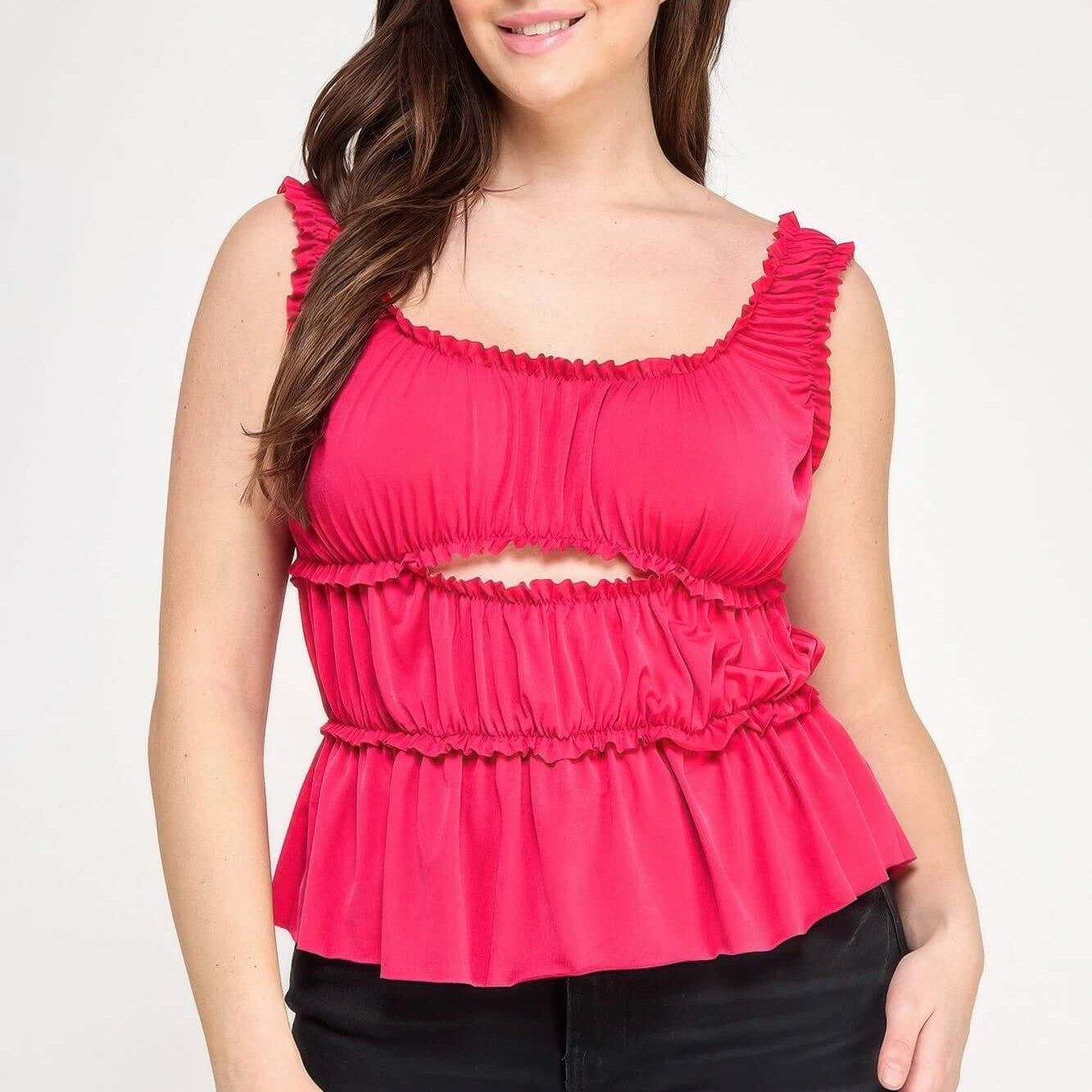 Plus Size Ruffled Tank With Cut Out in bright pink with ruffled details and a cut-out below the bust.