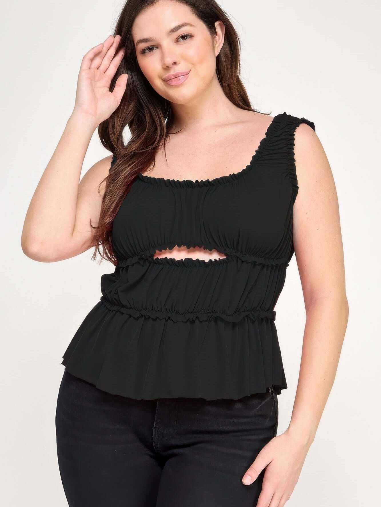 Plus Size Ruffled Tank With Cut Out on model, featuring ruffles and cut-out detail for a playful, feminine look.