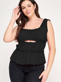 Plus Size Ruffled Tank With Cut Out on model, featuring ruffles and cut-out detail for a playful, feminine look.