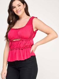 Plus Size Ruffled Tank With Cut Out in vibrant pink, featuring ruffles, cut-out detail, and elastic shirring.
