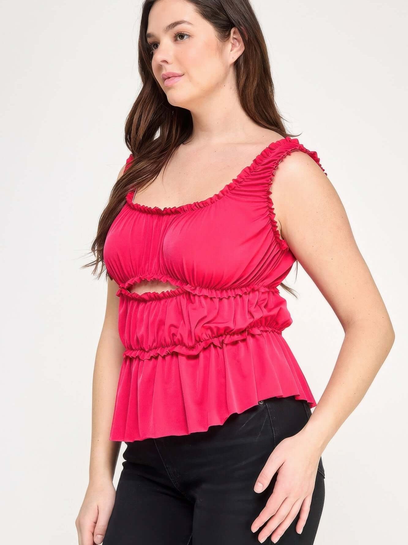 Plus Size Ruffled Tank With Cut Out in vibrant pink, featuring ruffled details and cut-out design for a flattering fit.