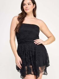Plus Size Ots Lace Overlay Assym Dress showcasing a black lace overlay and off-the-shoulder design.