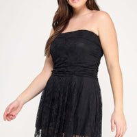 Plus Size Ots Lace Overlay Assym Dress on a model with off-the-shoulder design and asymmetrical hem.