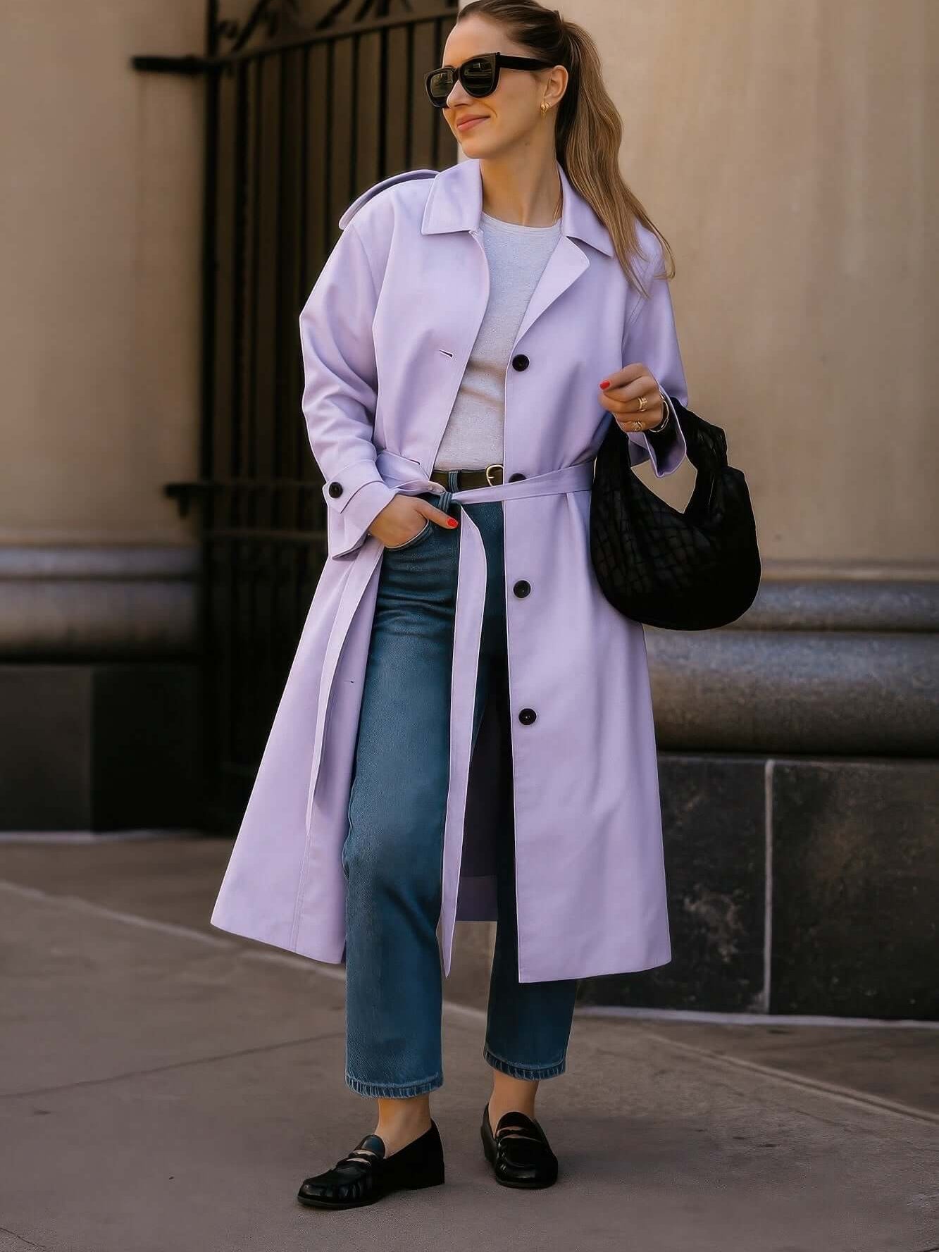 Solid Long Sleeve Trench Coat Woman Lined worn by a stylish woman in a modern urban setting, showcasing elegance and practicality.
