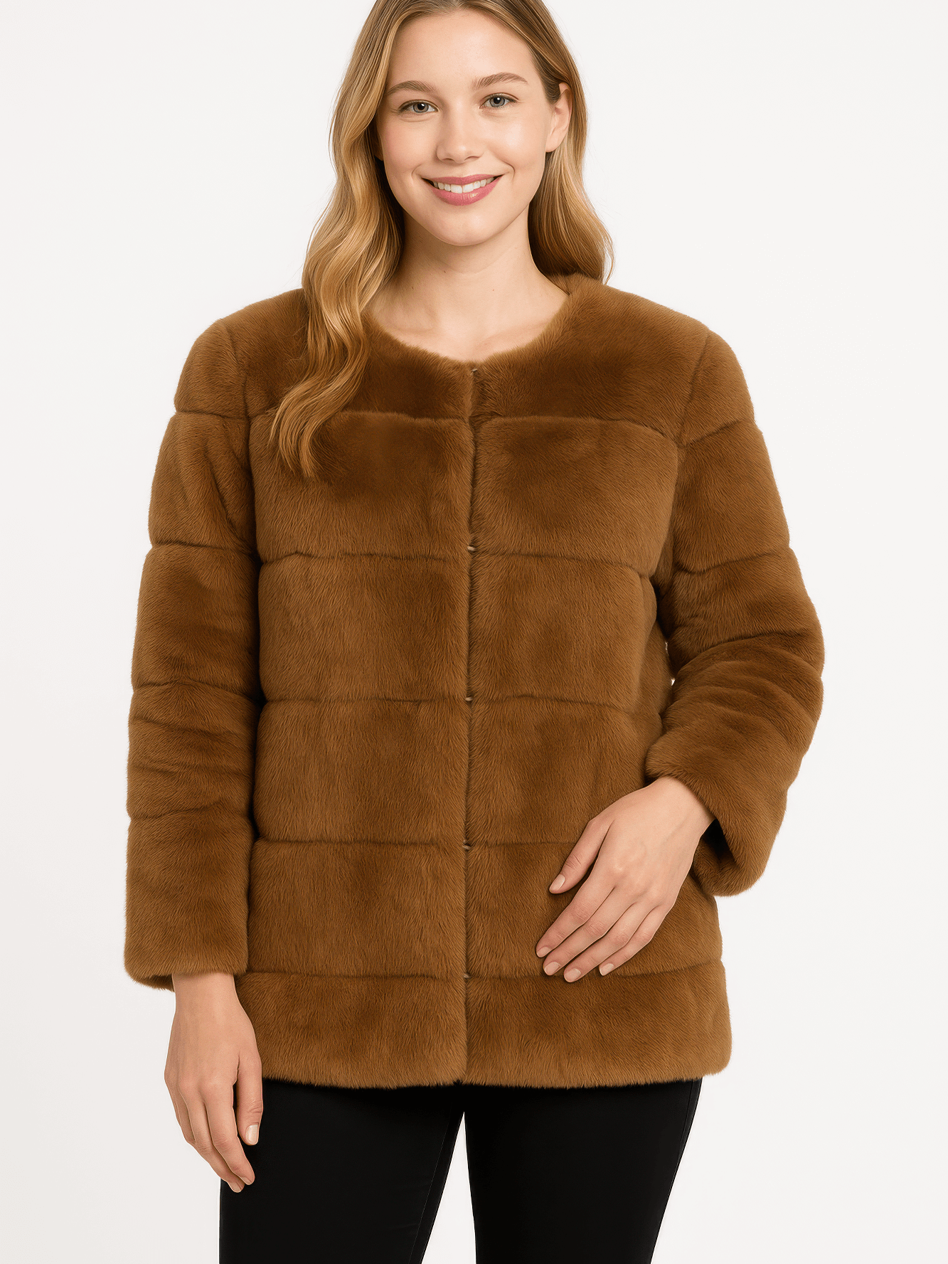 Plush Camel Faux Fur Jacket worn by a smiling model, showcasing a modern collarless design and cozy texture.