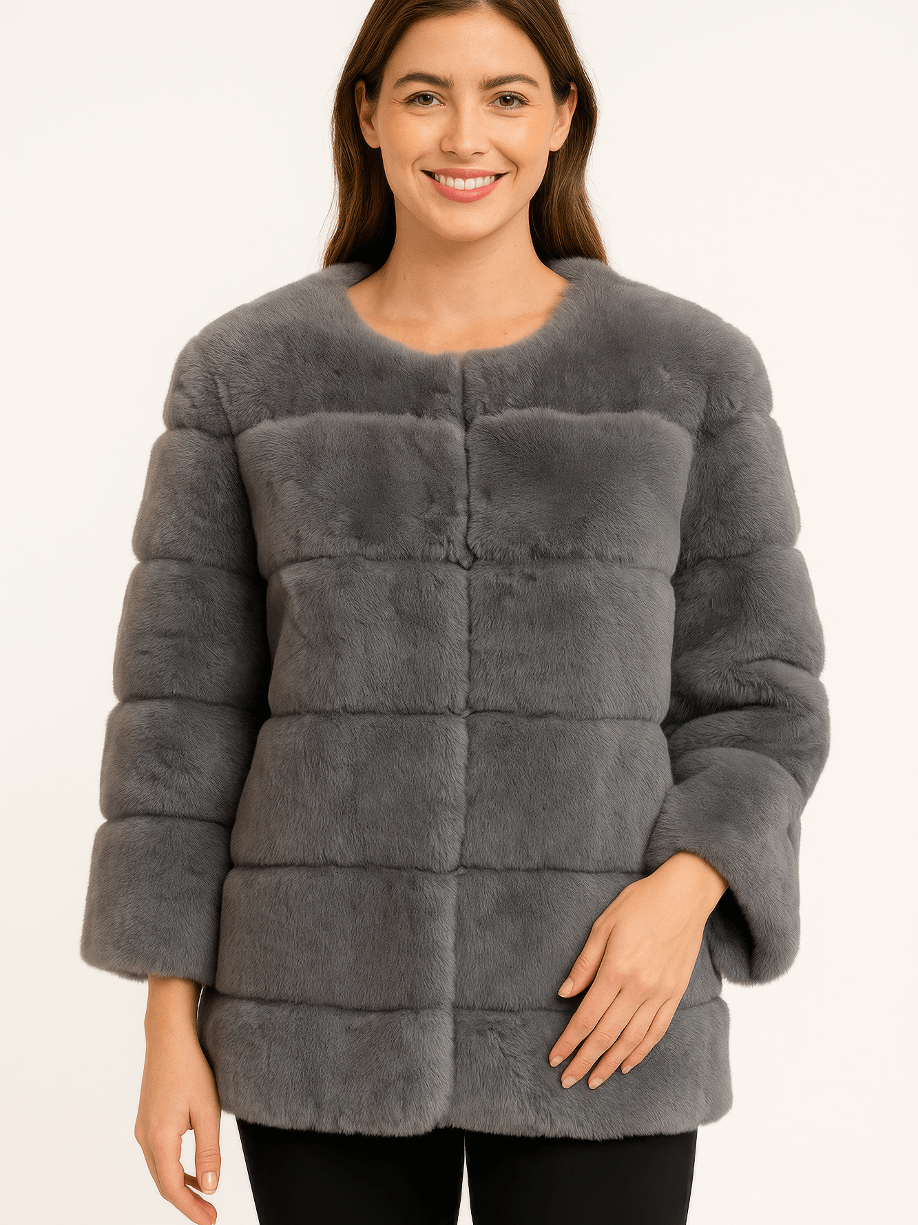 Model wearing a stylish plush camel faux fur jacket, showcasing its cozy sophistication and modern design.