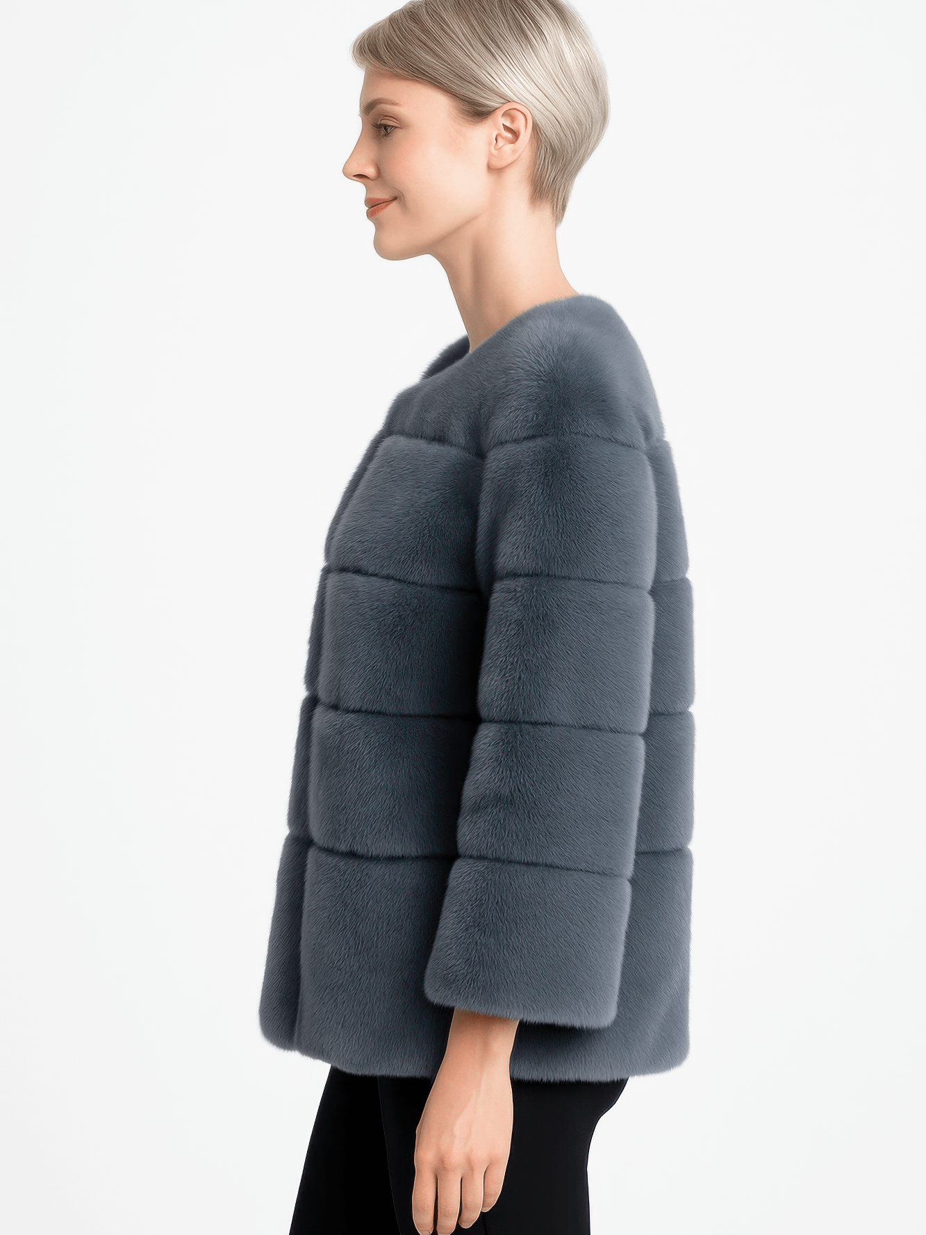 Plush Camel Faux Fur Jacket displayed by a model, showcasing its modern collarless design and soft texture.