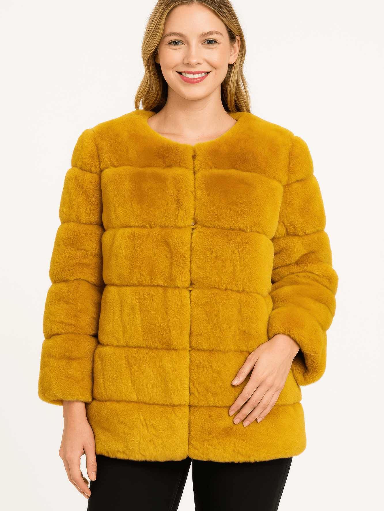 Model wearing a stylish Plush Camel Faux Fur Jacket with a clean silhouette and cozy texture.
