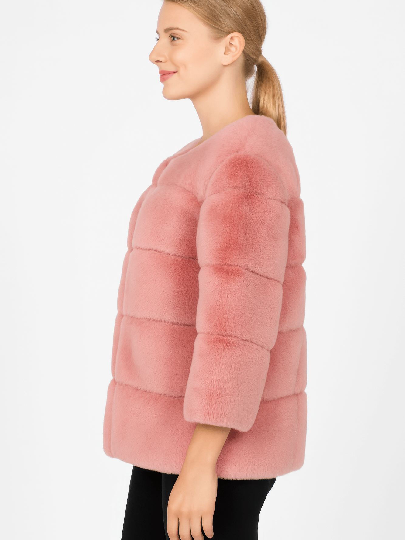 Plush Camel Faux Fur Jacket shown in profile, featuring horizontal paneling and ultra-soft faux fur texture.