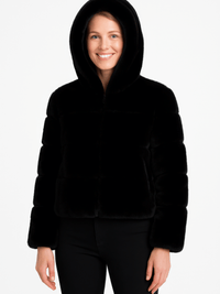 Faux Fur Hooded Jacket in black, featuring a zip-up front and cozy hood for warmth and style.