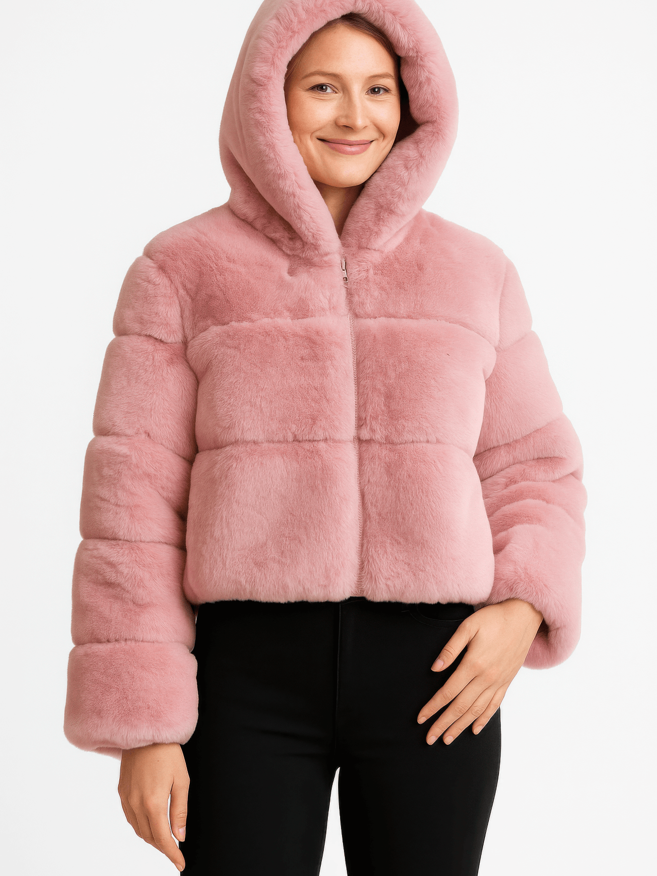 Faux Fur Hooded Jacket in soft pink color, featuring plush texture and zip-up front, perfect for cozy winter style.
