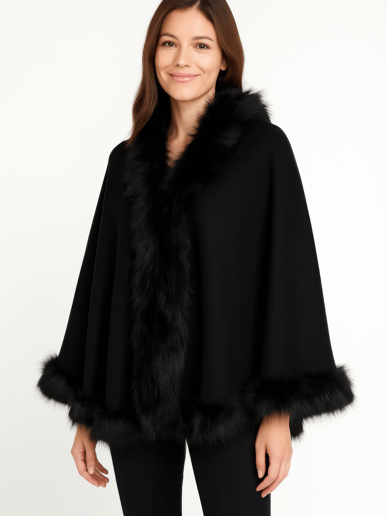Model wearing a black Faux Fur Trim Cape with luxurious faux fur trim, showcasing elegance and warmth.