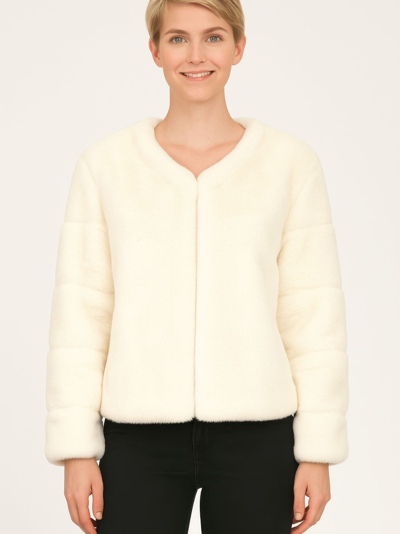 Model wearing a cream faux fur jacket, showcasing soft texture and stylish design in a neutral tone.
