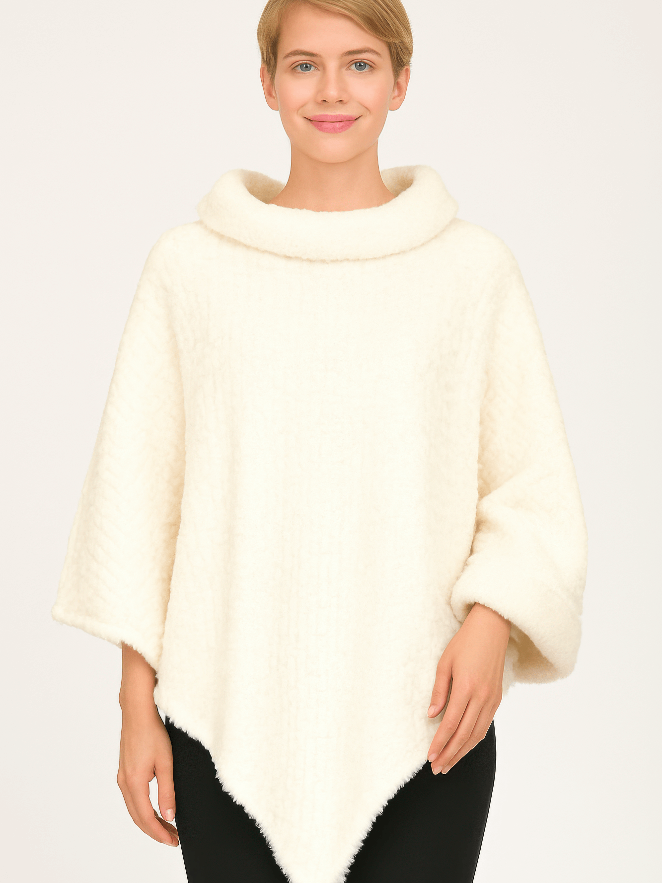 Model wearing a cozy ivory Textured Cowl Neck Poncho with a relaxed fit and oversized cowl neck.