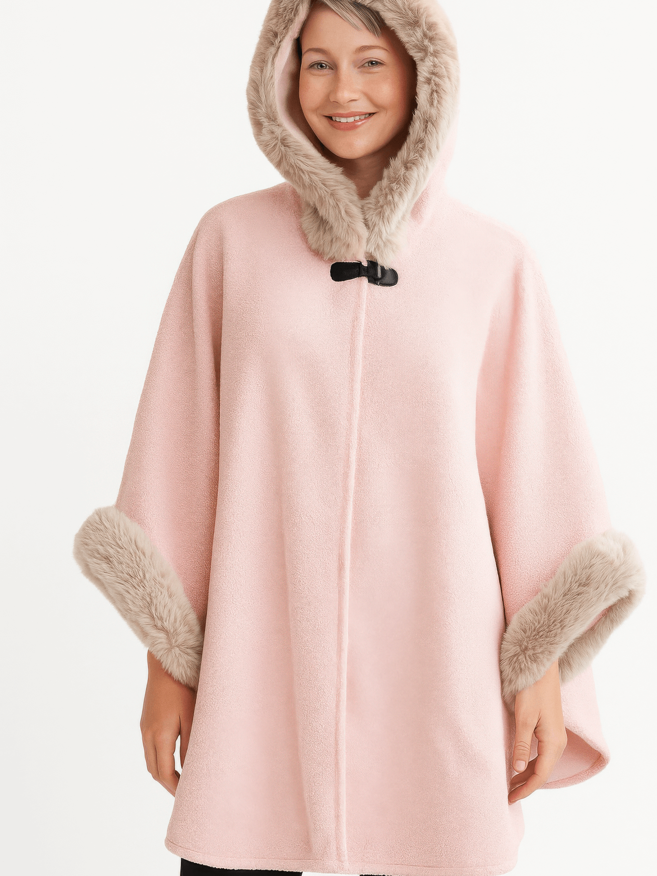 Hooded Faux Fur Trim Cape in soft pink with plush faux fur trim and hood, showcasing comfort and elegance.