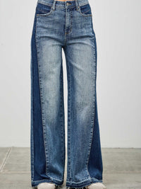 High Rise Wide Leg W/release Hem And Side Contrast featuring raw hem and side panel detailing.