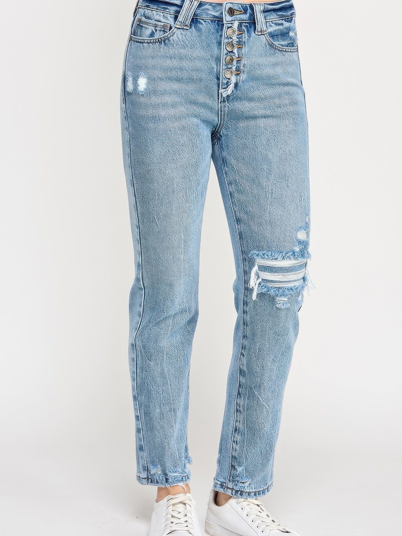 High Rise Button Fly Crop Slim Straight jeans with a vintage flair, featuring a button fly and slim straight leg.