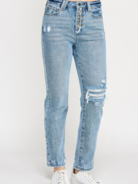 High Rise Button Fly Crop Slim Straight jeans with a vintage flair, featuring a button fly and slim straight leg.